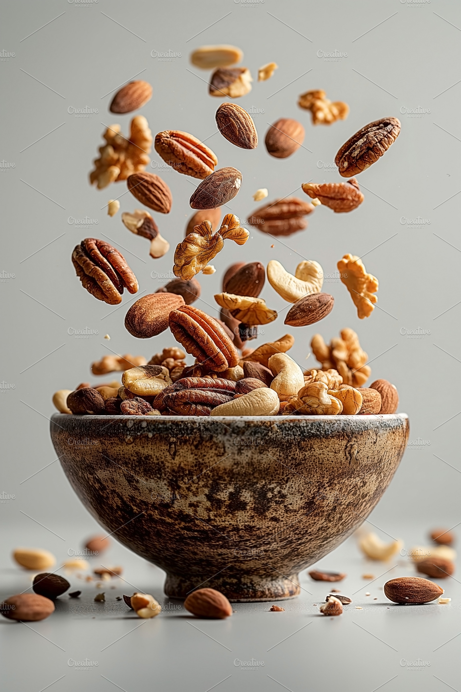 A rustic bowl filled with assorted nuts, creating a dynamic visu, a Food & Drink Photo by ImageMir