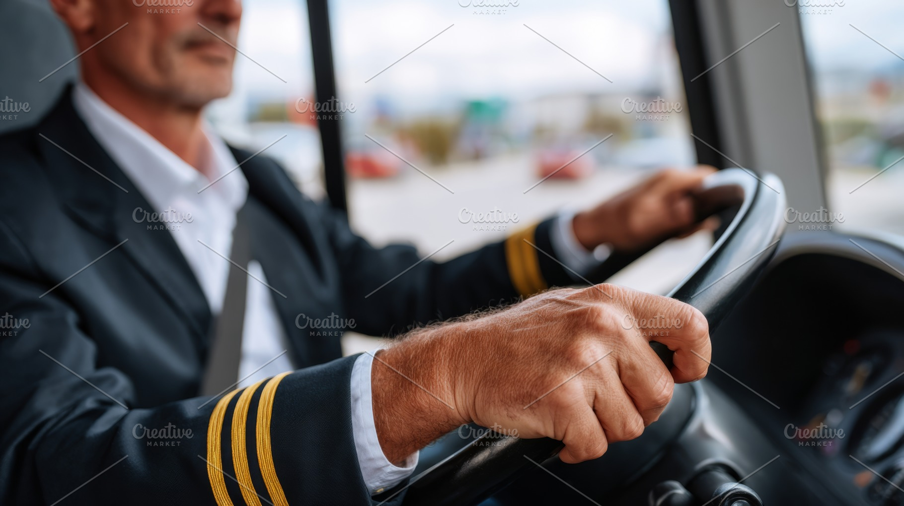 Close-up of a male bus driver, wearing a uniform with captain stripes, focused, a Person Photo by ImageMir