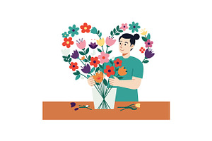A person arranging colorful flowers, an Illustration by designvectx