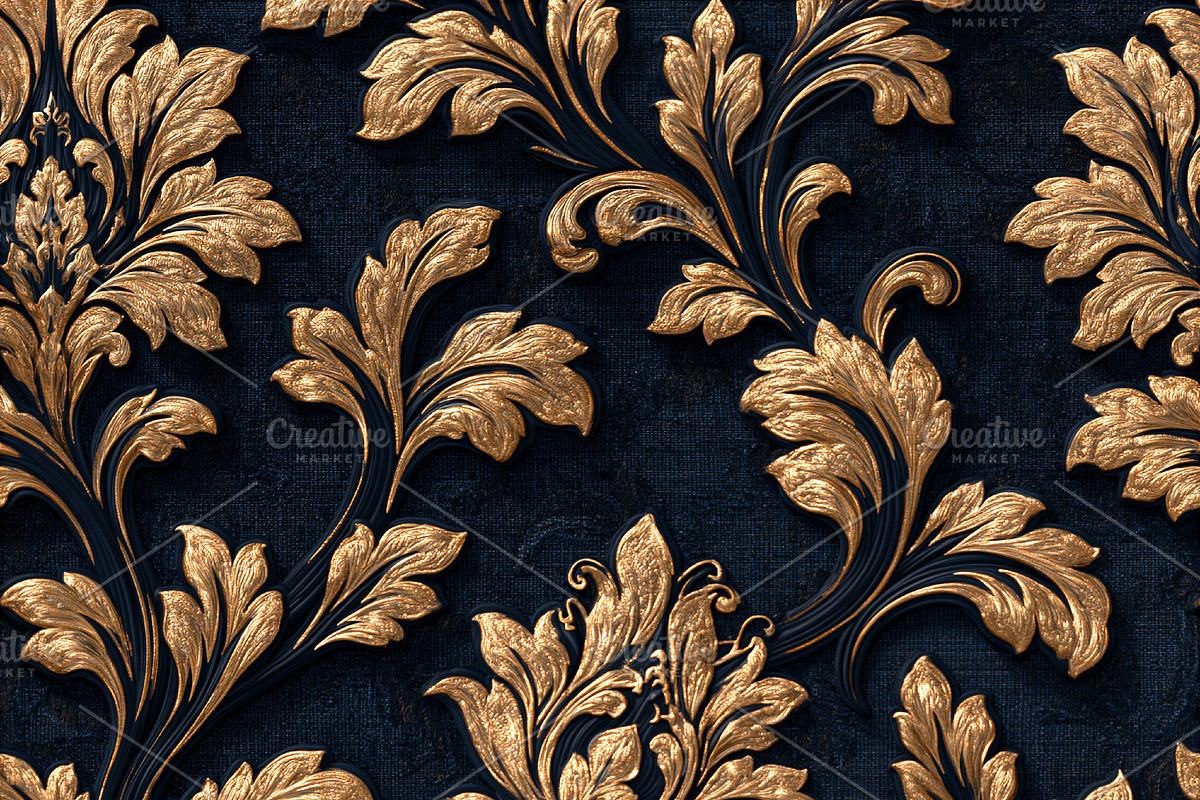 Seamless pattern golden damask pattern adorning a navy blue text, a Pattern Graphic by Studio ANNA