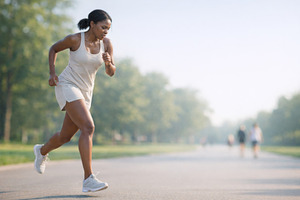 Woman jogging in park on summer morn, a Photo by Dvoevnore photos