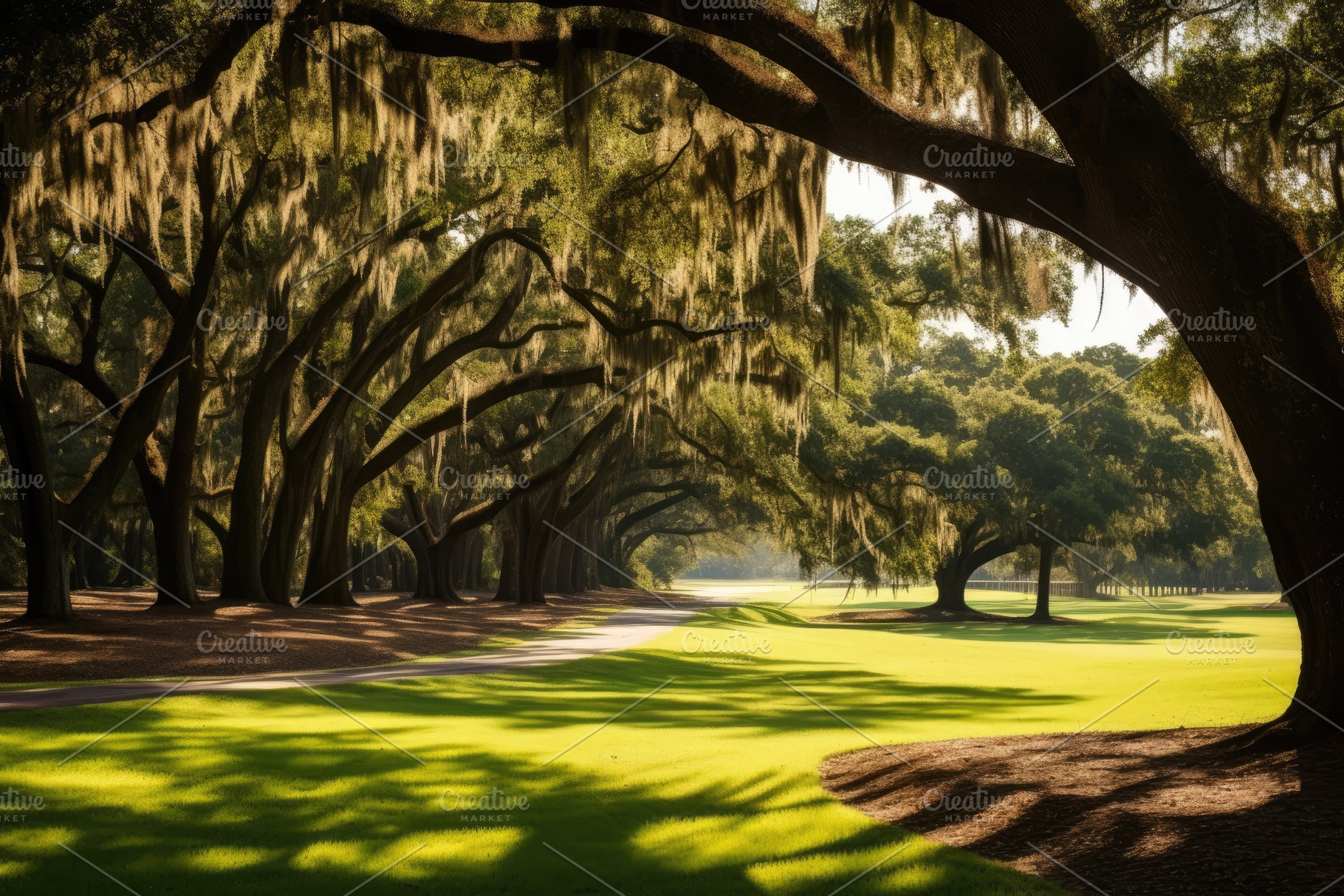 Golf course with old oak trees in th, a Photo by Iftikhar Alam