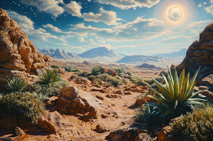Vibrant Desert Landscape Under a Bri, a Photo by Tanuart