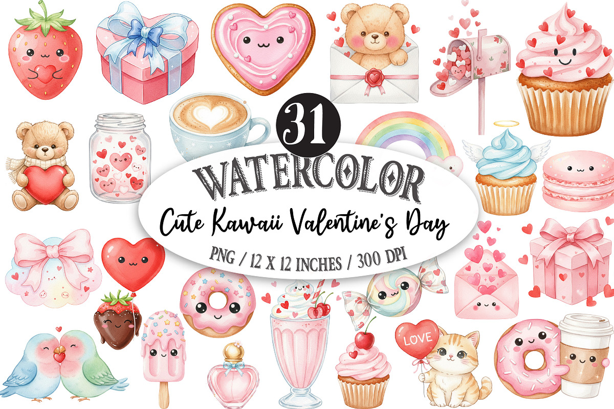 Cute Kawaii Valentine's Day Clipart, an Illustration by Designking (Photo 1 of 5)