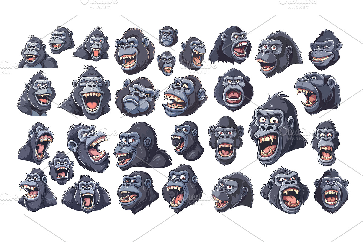 Gorilla avatars cartoon vector set, an Animal Illustration by Onyx