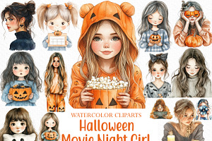 Halloween Movie Night Girl Clipart, an Illustration by Craft Nest