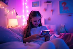 Kid plays happily with device, a Photo by Pavel_design