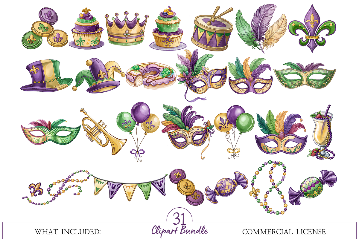 Watercolor Mardi Gras Clipart Bundle, an Illustration by MockupWizard (Photo 2 of 4)
