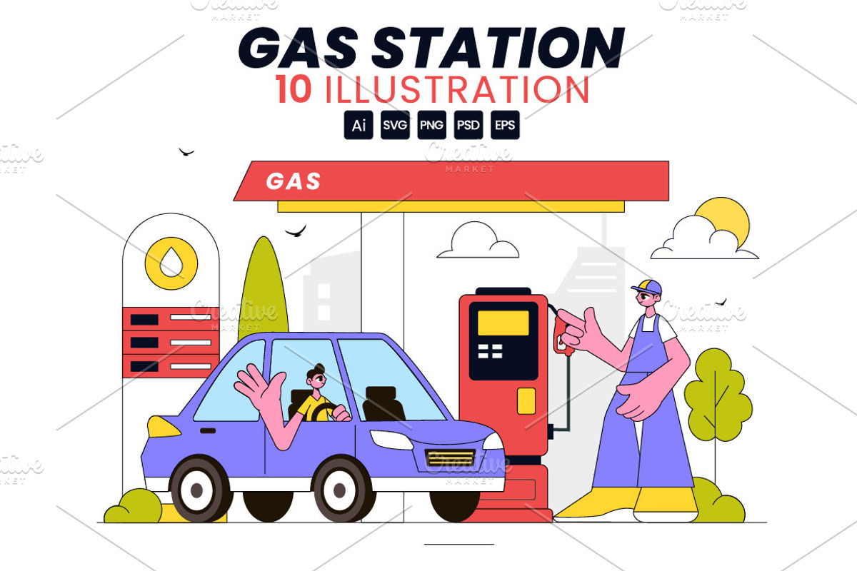 10 Gas Station Vector Illustration, a Transportation Illustration by denayunebgt (Photo 1 of 4)