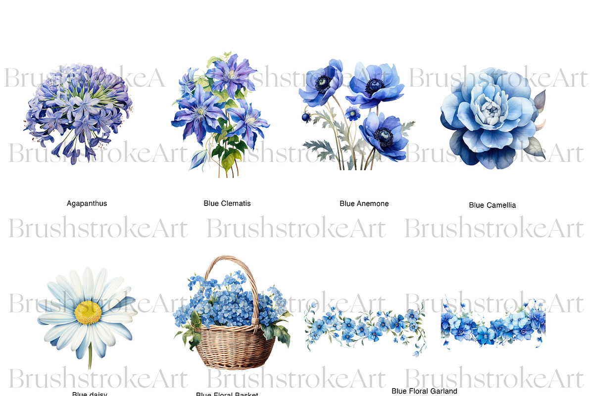 Blue Floral Clipart, Blue Roses PNG, a Decorative Illustration by BrushstrokeArtGB (Photo 2 of 9)