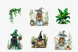 Watercolor Green Witch Clipart