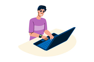 Smiling freelancer working on laptop, a Technology Illustration by pikepicture