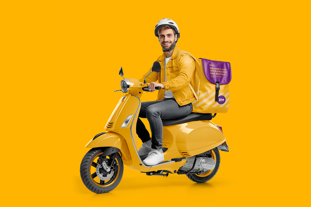 Delivery guy on scooter Mockup, an Advertising Mockup by BlackMockup (Photo 6 of 12)
