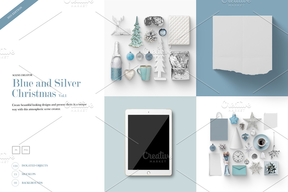 06_Blue and Silver Christmas Scene, a Books & Magazine Mockup by Kzara Visual Concepts (Photo 1 of 7)