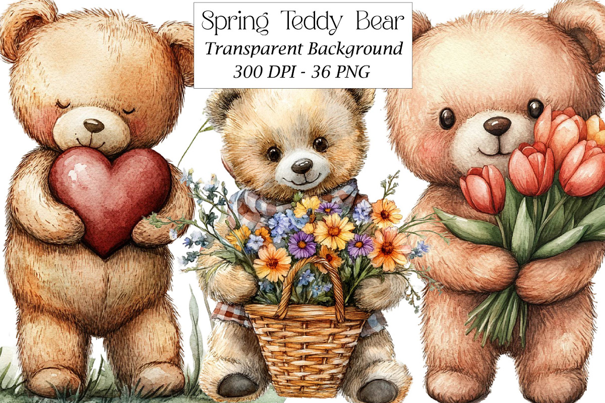 Watercolor Spring Teddy Bear Clipart, an Illustration by DreamPrint404 (Photo 1 of 7)