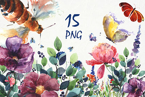 Watercolor set. Flower meadow, bee,