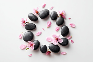 Elegant arrangement of black stones and pink flower petals on a white backgroun, a Background Photo by AlyaAnd