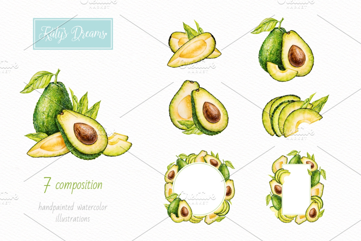 Avocado. Watercolor., a Decorative Illustration by Ekaterina Mikheeva (Photo 3 of 5)