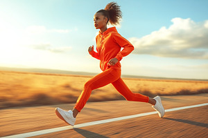 A young Black woman jogs energetically on a deserted road during, a Sports & Recreation Photo by ImageMir