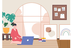 Cartoon girl with laptop sitting on, a Technology Illustration by LadadikArt