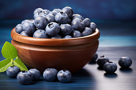 Blueberries in wooden bowl on blue w, a Photo by Iftikhar Alam