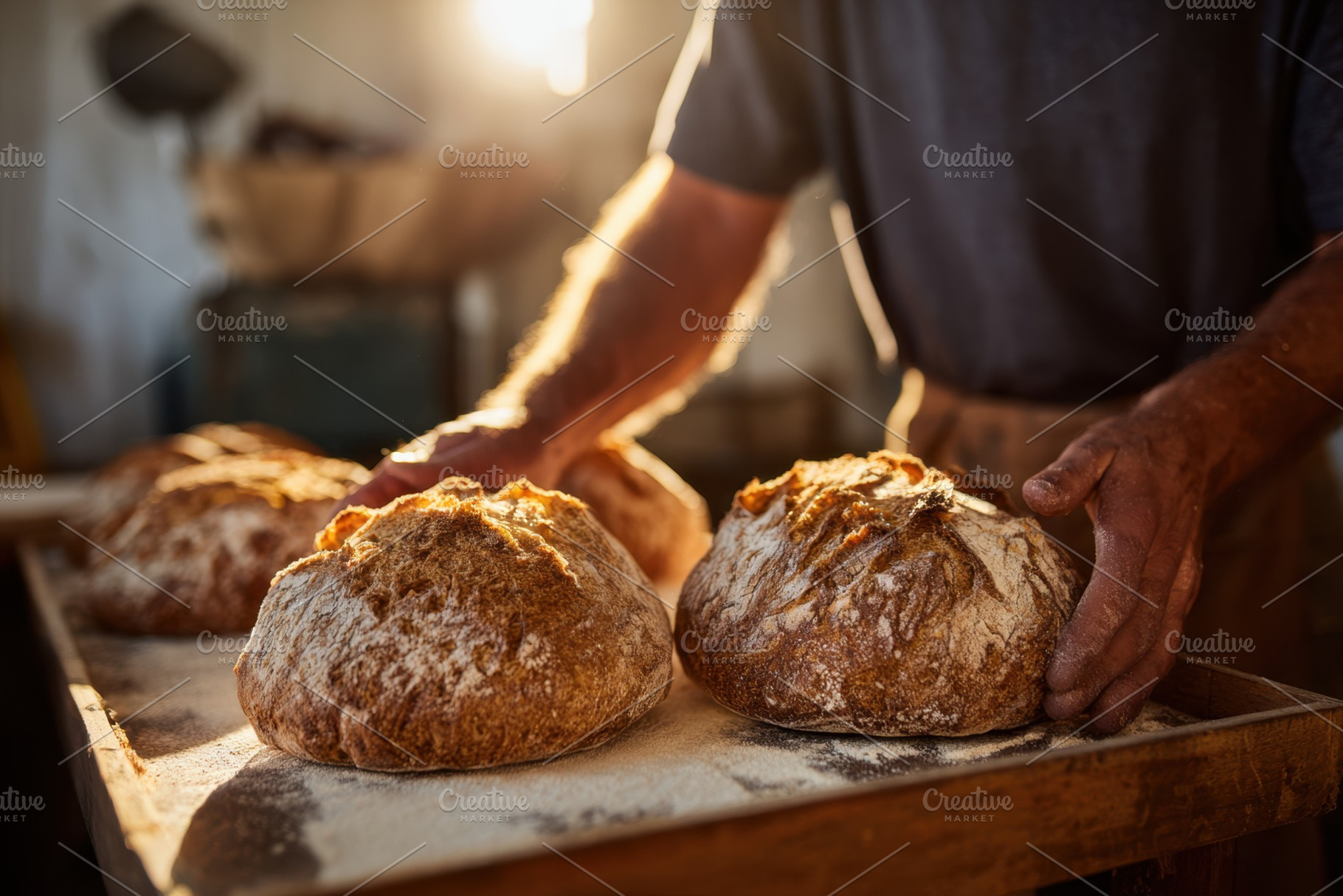 Baker arranging fresh artisan bread in a cozy bakery, a Food & Drink Photo by AlyaAnd