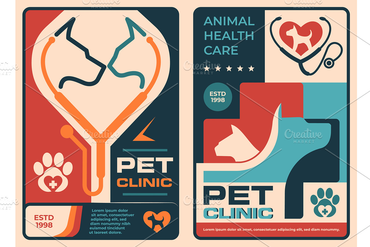 Veterinary pet clinic retro posters, an Animal Illustration by Vector Tradition