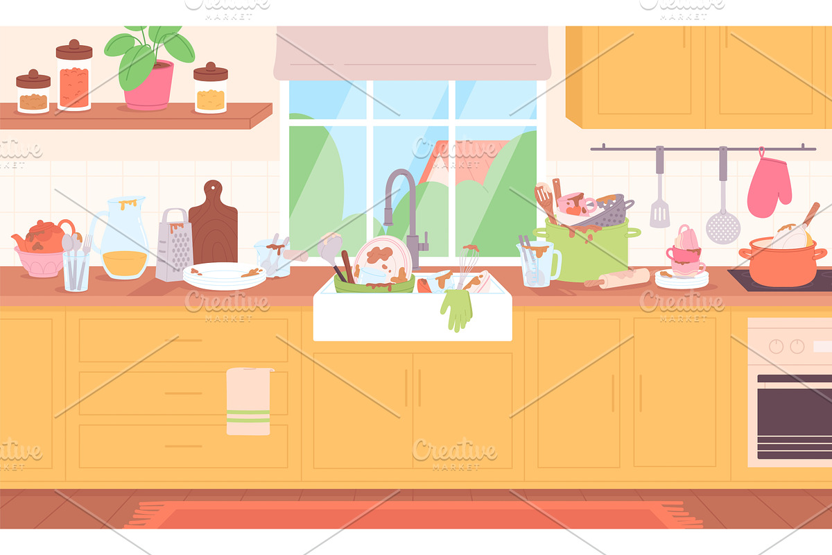 Dirty kitchen interior. Dishes after, an Object Illustration by LadadikArt