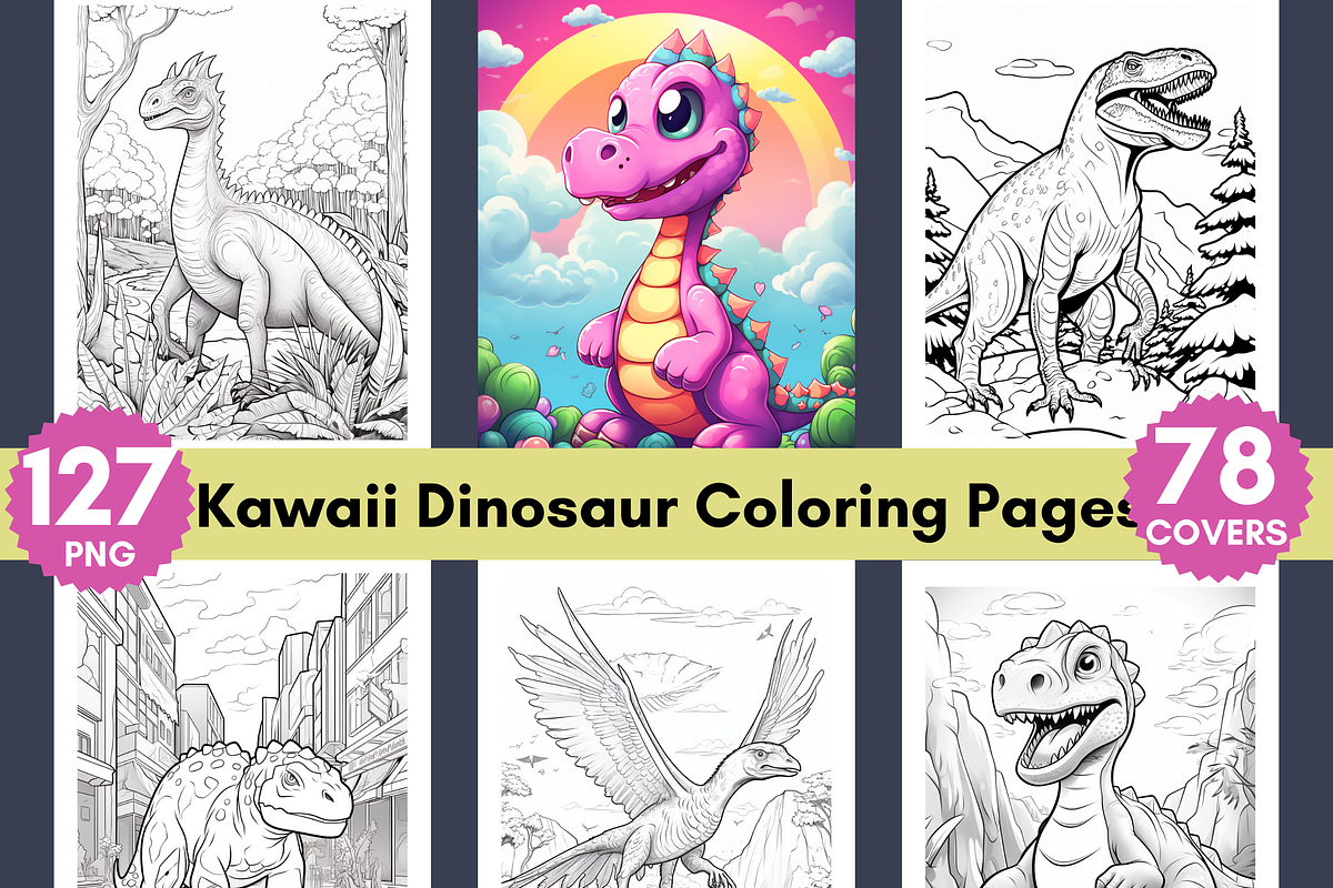 127 Kawaii Dinosaur Coloring Pages, a Brochure Template by LA Design (Photo 1 of 10)