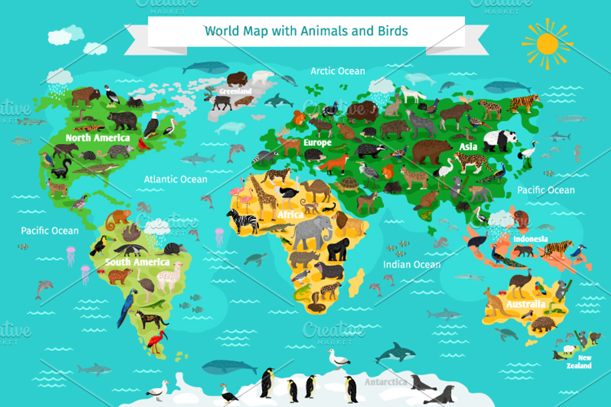World map with Animals, an Animal Illustration by ianakauri