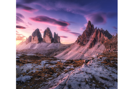 Alpine mountains and pink sky at, a Nature Photo by den-belitsky
