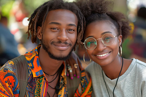 A joyful Black couple smiles for the camera, showcasing their vibrant style and, a Person Photo by ImageMir