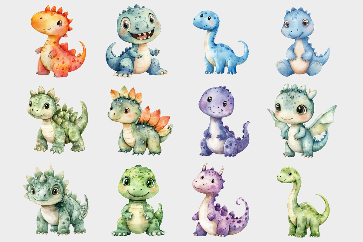 Watercolor Cute Dino Clipart, a Seasonal Illustration by Design Market (Photo 5 of 5)
