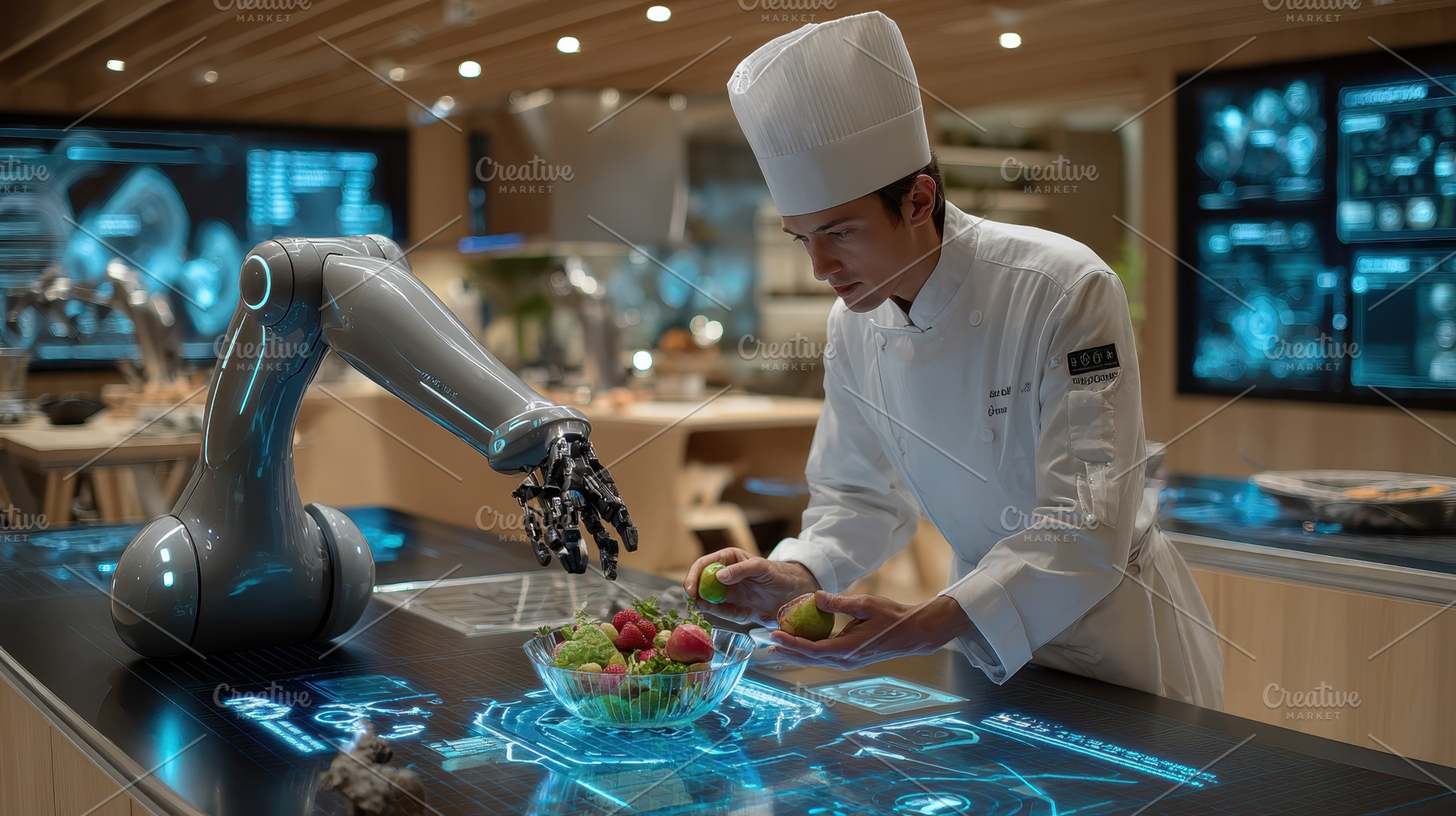 Chef and Robot Prepare Fruit Salad M, a Photo by Pixeness Studio