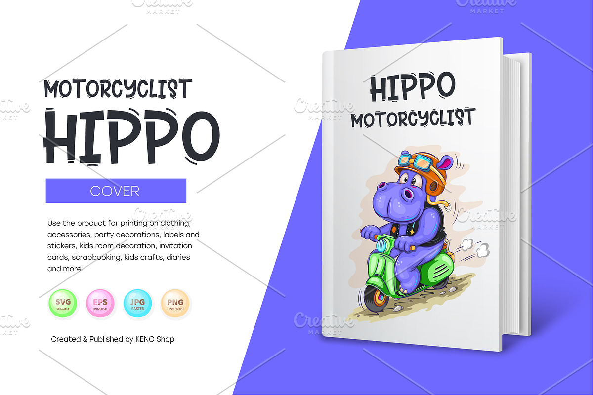 Cartoon hippo motorcyclist. Tshirt, an Animal Illustration by KENO Mascots (Photo 2 of 7)