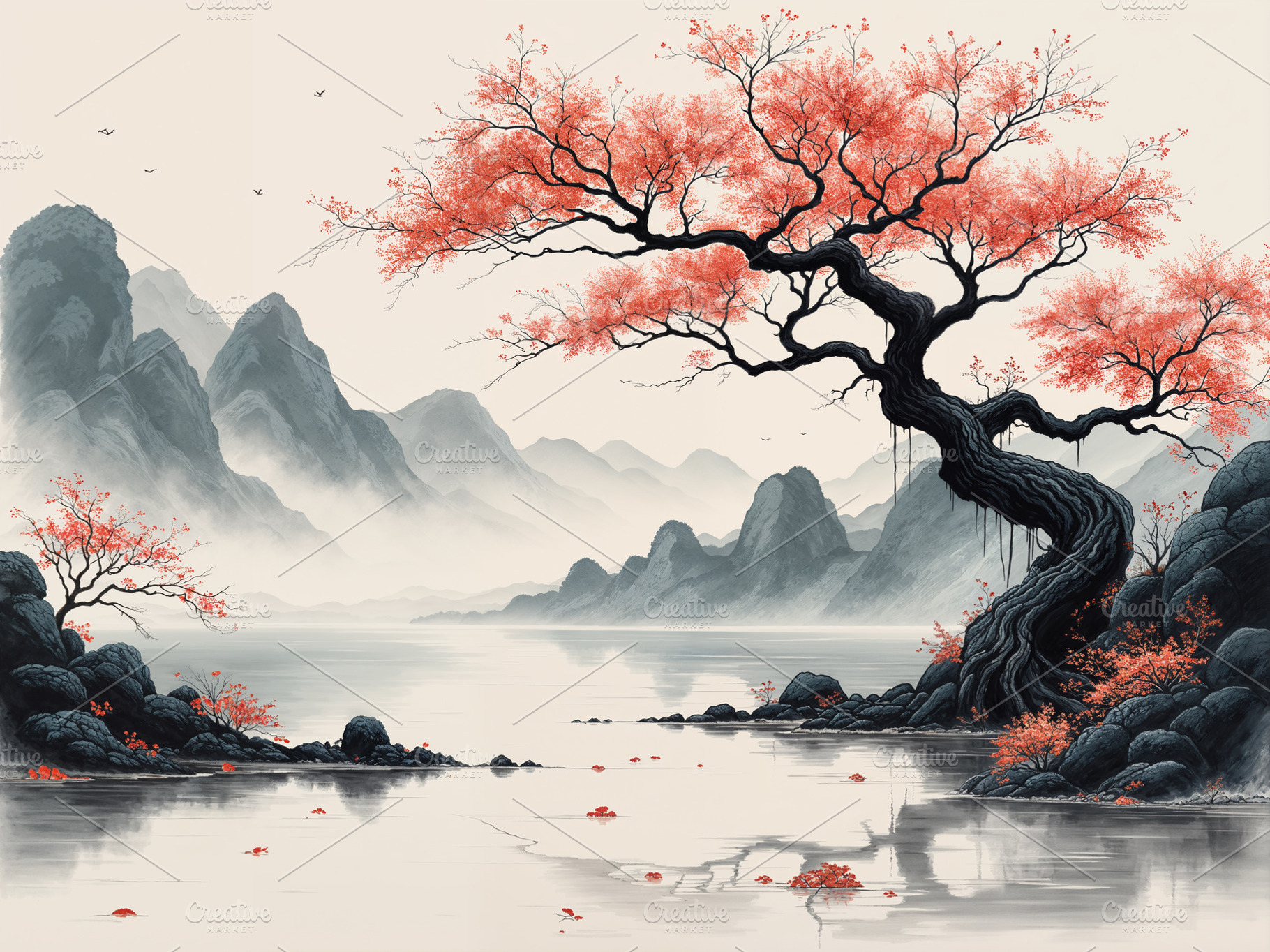 Sumi-e Lake Illustration, a Nature Photo by h.utomo