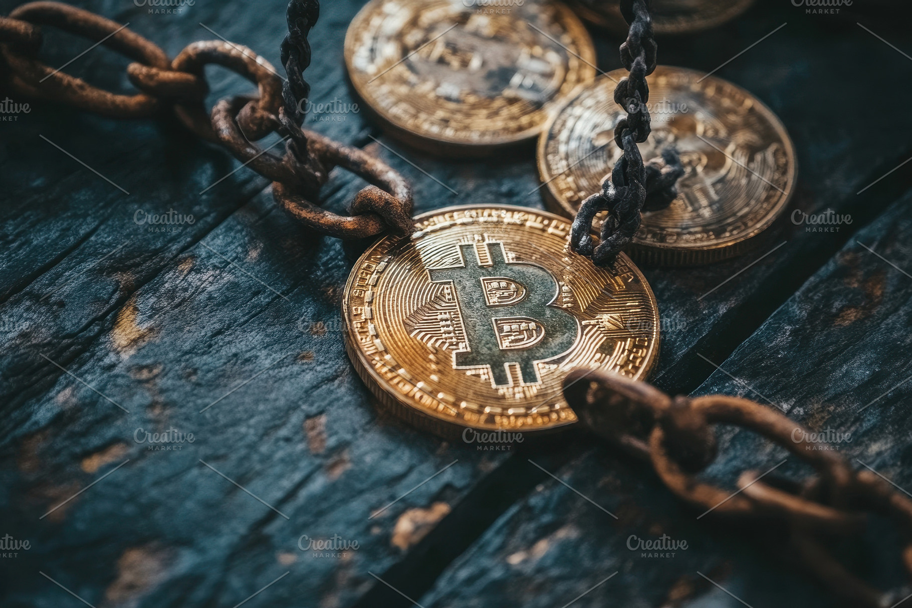 Bitcoin coin secured with rusty chai, a Photo by Tanuart