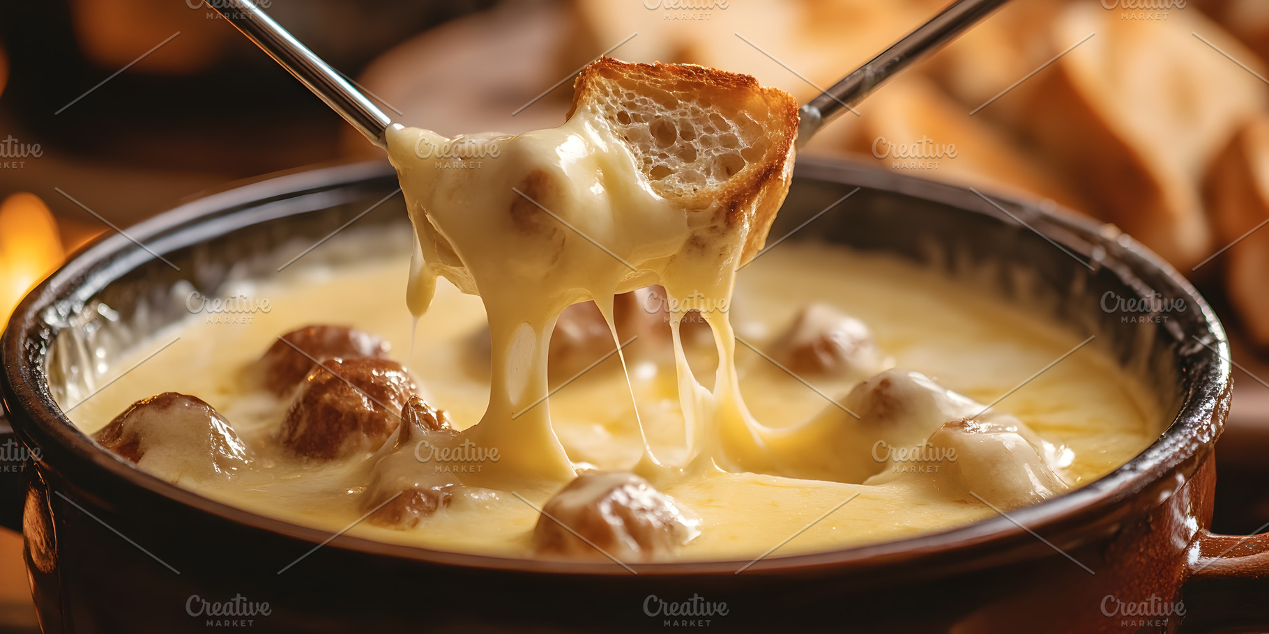 Cheese fondue with bread cubes in ru, a Food & Drink Photo by Photostock