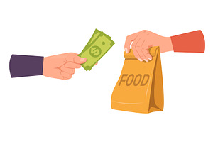 Hand holding paper bag with food and, a Finance Illustration by Vectorbuum