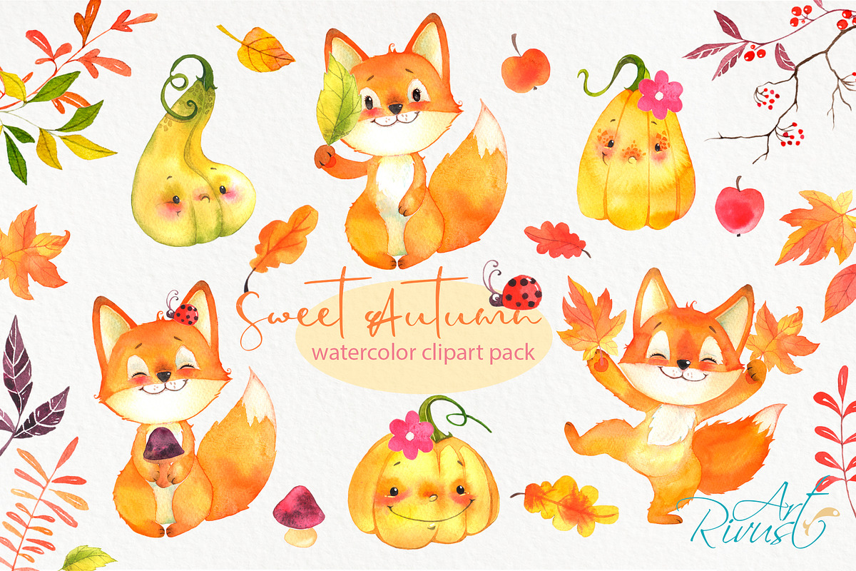 Cute Fall watercolor foxes clipart, an Animal Illustration by RivusArt (Photo 1 of 6)