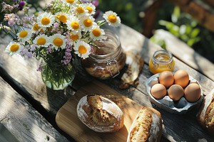 Rustic table with eggs, bread, honey, a Food & Drink Photo by MistyDay