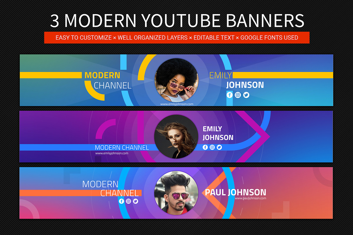 3 modern youtube banners, a Social Media Template by Genestro Shop (Photo 1 of 2)