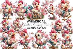 Floral Chicken Singing Farm Clipart, an Illustration by CraftArtStudio