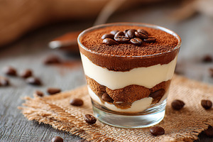 Tiramisu dessert in a glass with cocoa and coffee beans on wooden table, a Food & Drink Photo by AlyaAnd