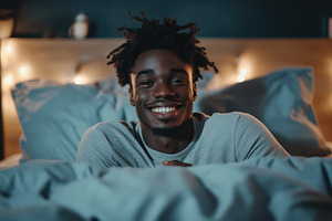 Smiling black man sitting on a bed i, a Photo by Iftikhar Alam