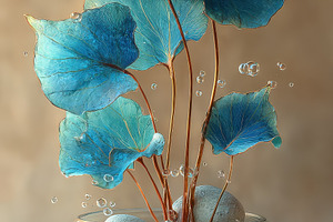 Teal leaves in glass bowl with stone, an Abstract Photo by Pixeness Studio