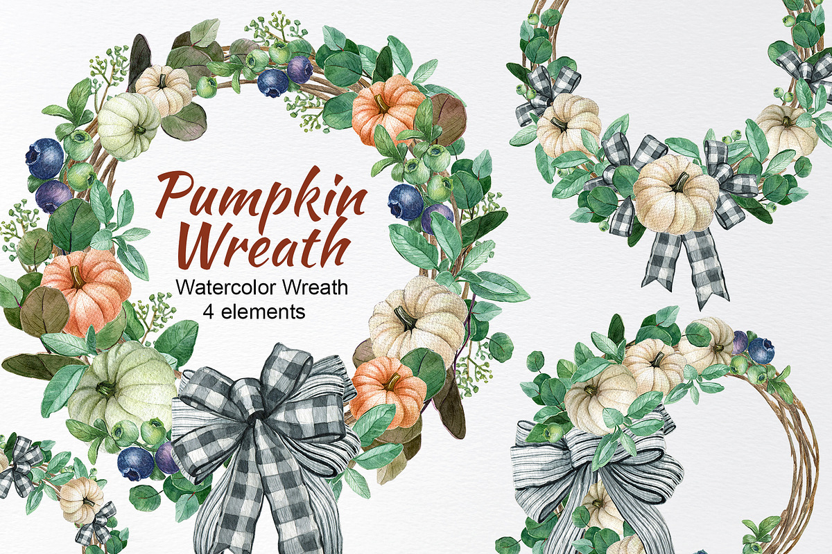 Watercolor Pumpkin wreath clipart, an Illustration by yana.fefelova (Photo 1 of 5)