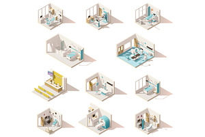 Vector Isometric Low Poly Hospital Rooms