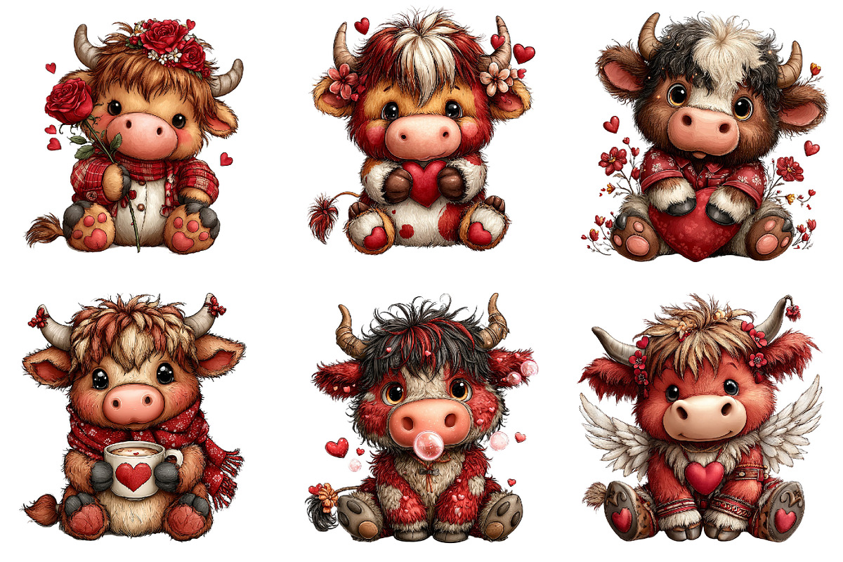 Valentine’s Day Highland Cow Clipart, an Illustration by Dream Creation (Photo 6 of 8)