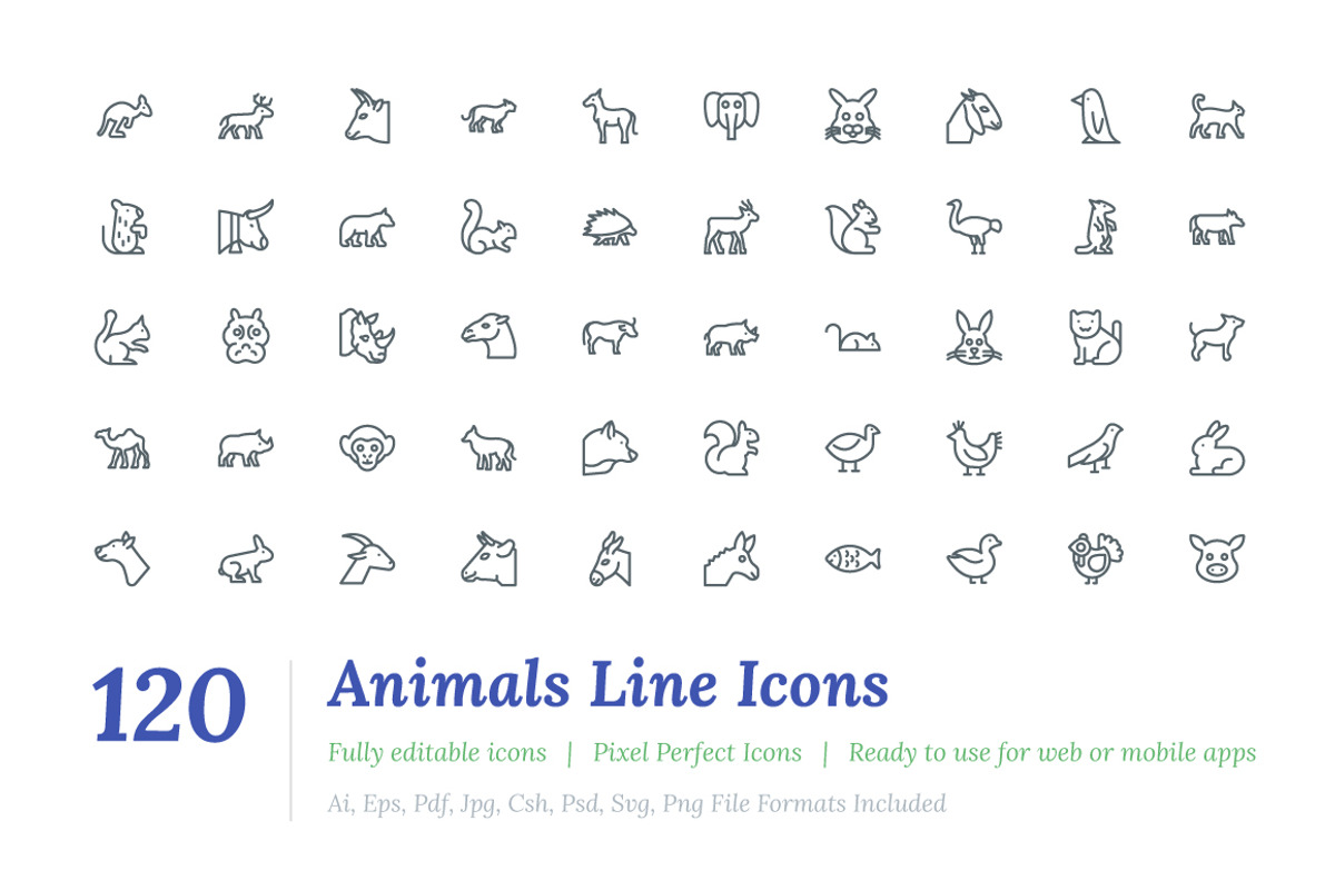 120 Animals Line Icons, an Outline Icon by Vectors Market (Photo 1 of 2)
